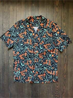 Todd Snyder Black Floral Short-Sleeve Button-Down Shirt with Orange Blossoms
